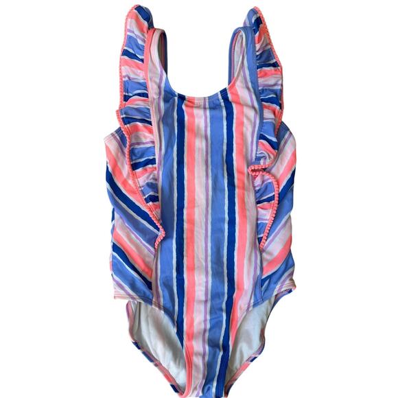 Cat & Jack Swimsuit Girls Large Pink Multicolor Striped Ruffle Sleeve Spring - Picture 1 of 6